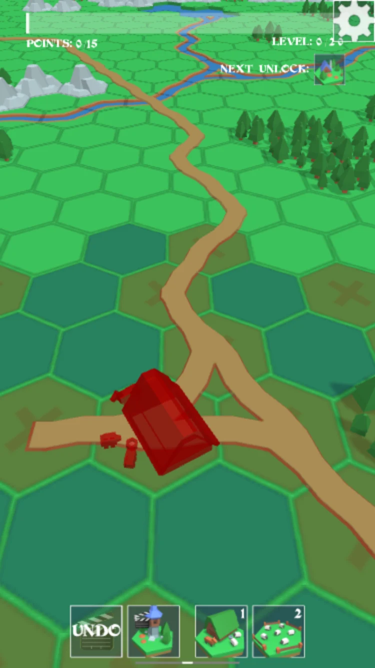 Village Builder selected road piece on a hex grid beside the main path with Undo in the toolbar