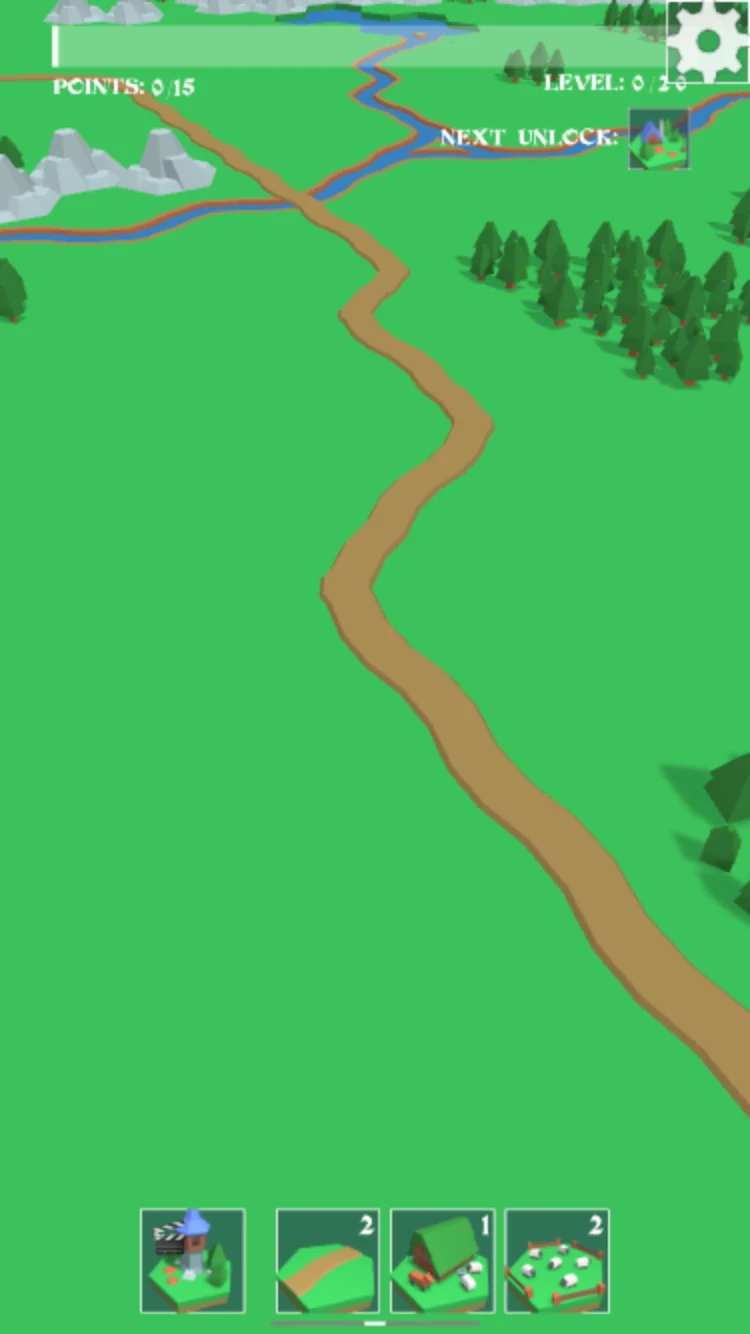 Village Builder starting meadow with roads, a river, forest, and building cards along the bottom