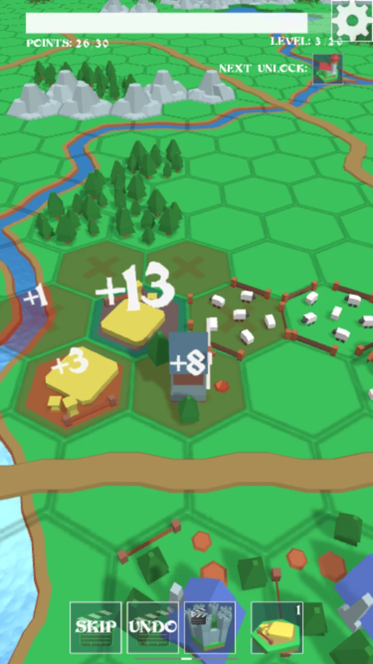 Village Builder wheat fields and a windmill showing several point bonuses beside sheep pastures