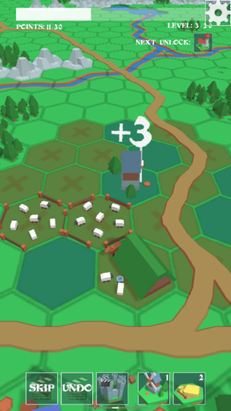 Village Builder windmill placement awarding three points with Skip and Undo buttons below