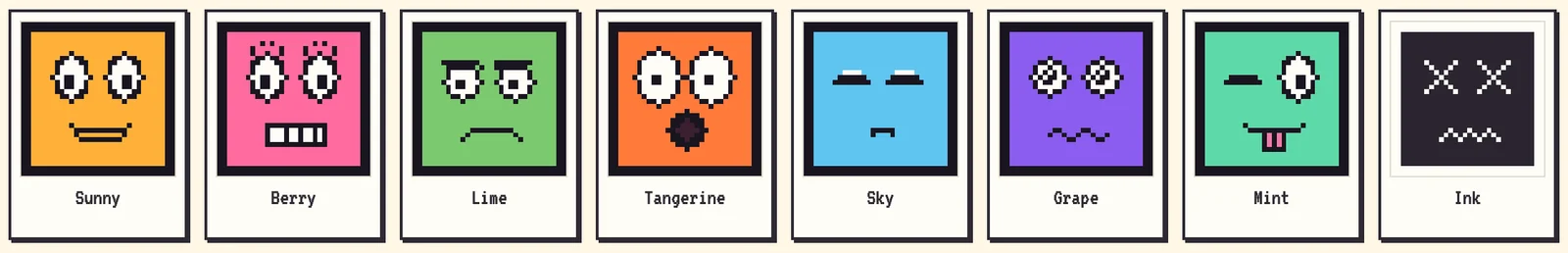 Eight Pixel Cube Face preset cards: Sunny, Berry, Lime, Tangerine, Sky, Grape, Mint, and Ink
