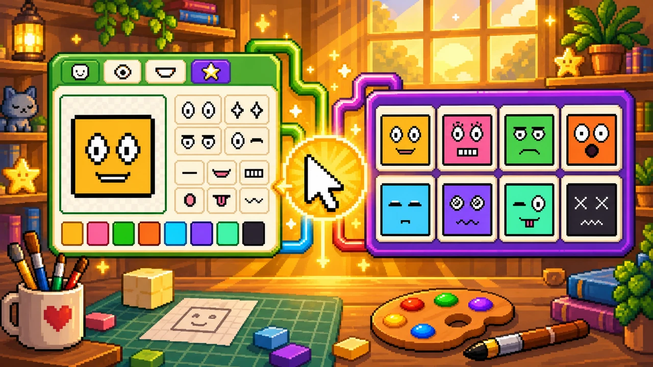 Pixel Cube Face block face maker — a yellow cube face image with round eyes and a smile, plus cube face logos for Discord avatars