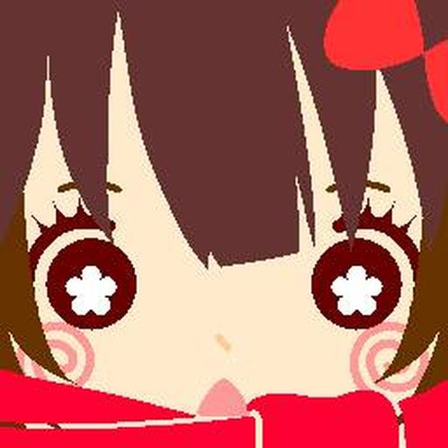 Square face avatar with a red scarf and flower-shaped eyes