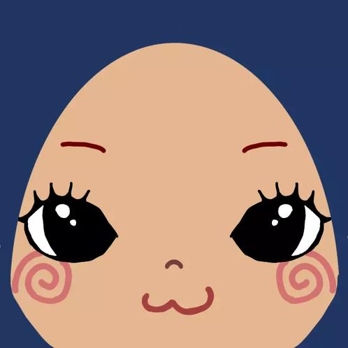 Square face avatar with almond eyes and spiral blush